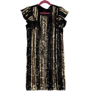 Bardot Junior Size 14 Black Gold Tilley Sequin Dress Flutter Sleeve M30-17